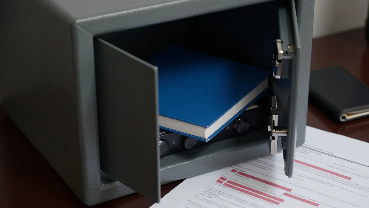 Cofre físico com caderno e carteira de hardware, simbolizando armazenamento seguro offline.